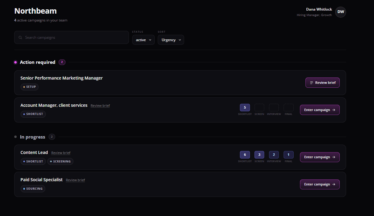 Ploomo portal: dashboard showing every live role and its stage