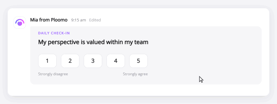 The Ploomo daily question bot in Microsoft Teams: a one to five question, the person taps 5, and a thank-you message confirms it